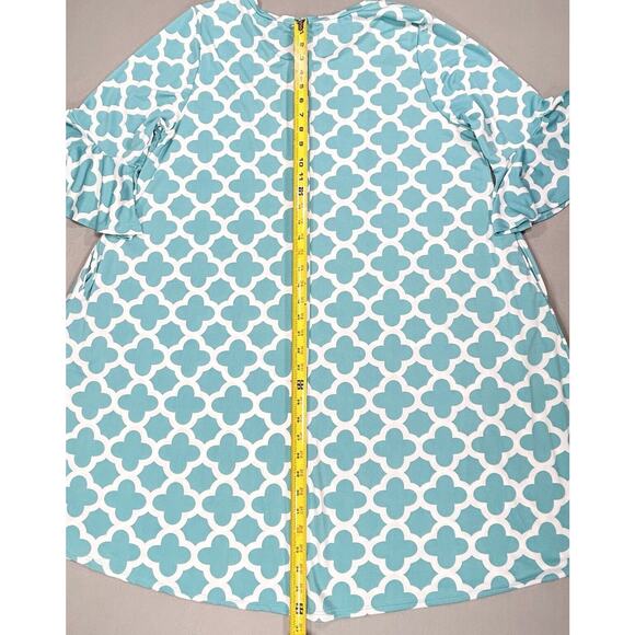 Lily Sky Dress Women's 3X Aqua Blue Midi Trellis Print Pockets 3/4 Bell Sleeves - Picture 5 of 12